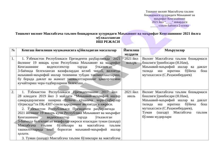 Maqnaviyat va marifat kengashining 2021 yilgi rejasi