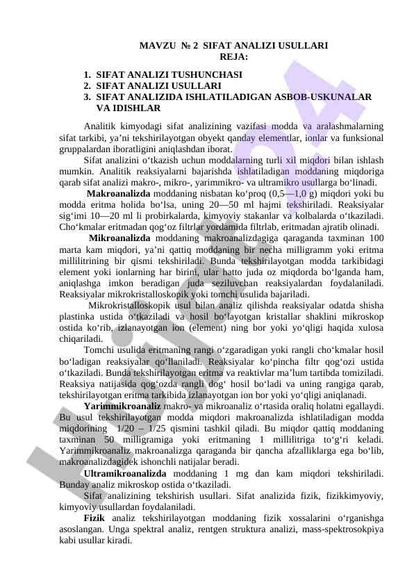 Sifat analizi usullari va ularning asbob-uskunalari