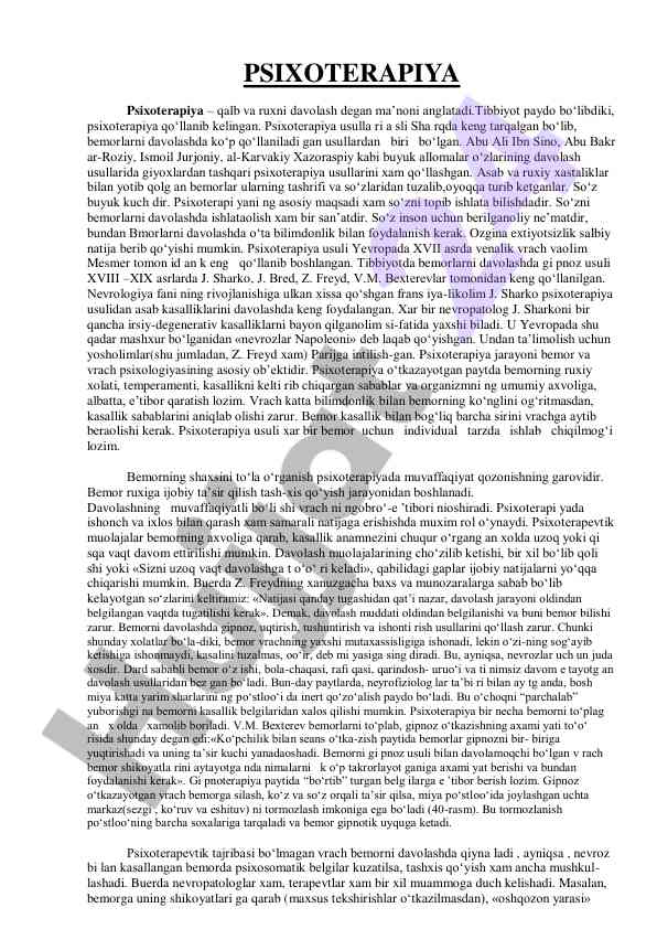 Psixoterapiya va ruxiy davolash usullari