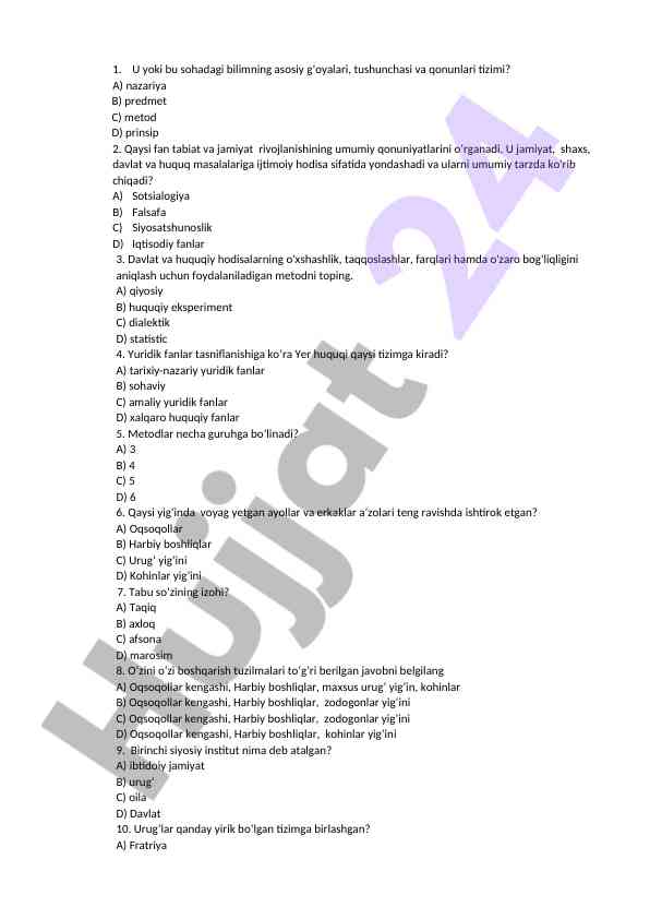 Sotsialogiya bo‘yicha test savollari