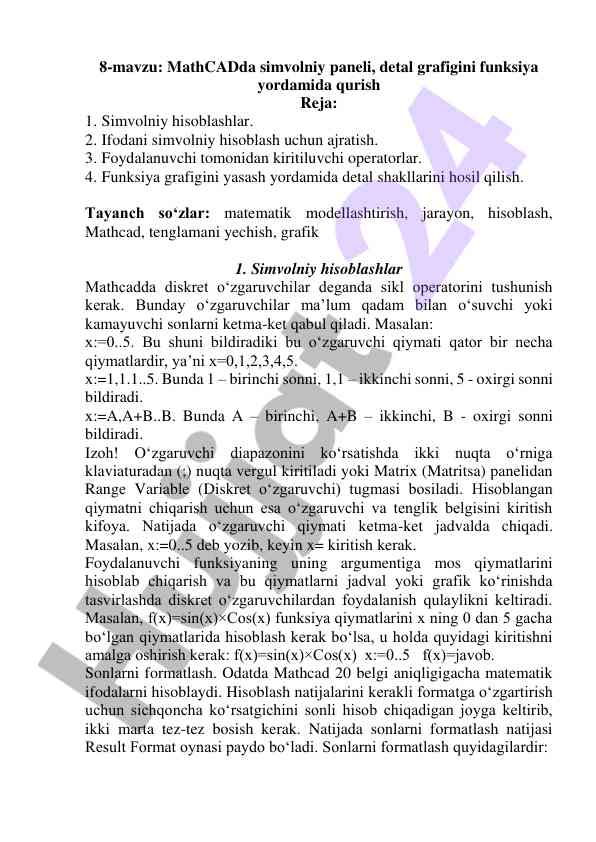 Mathcadda simvolniy paneli va grafiklar yaratish