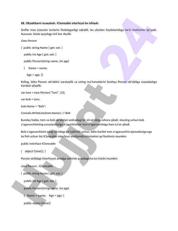 Obyektlarni Nusxalash ICloneable Interfeysi