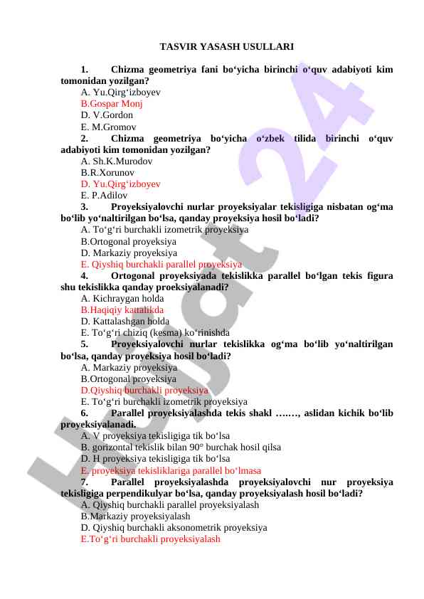 Chizma geometriya fani bo‘yicha test savollari