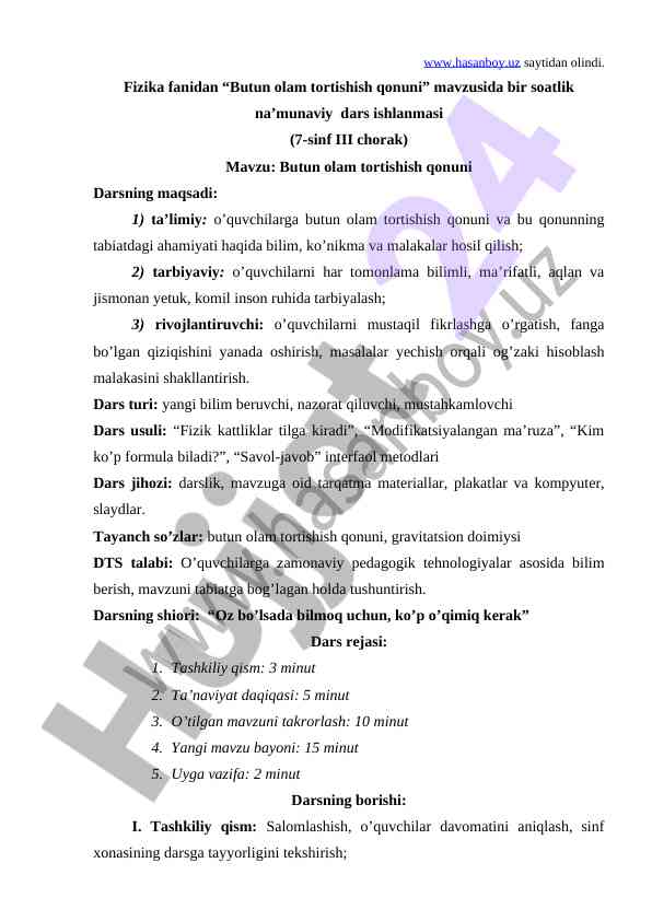 Butun olam tortishish qonuni dars ishlanmasi