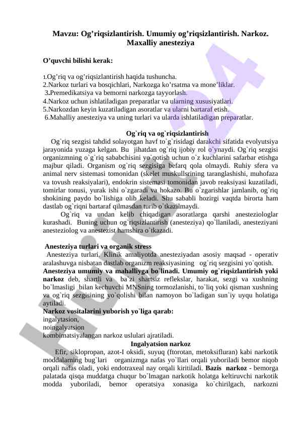 Og’riqsizlantirish turi va usullari bo‘yicha o‘quv qo‘llanma