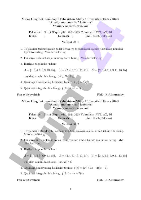 Yakuniy nazorat savollari - amaliy matematika