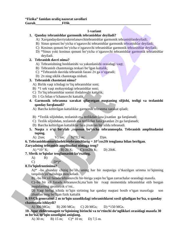 Fizika fanidan oraliq nazorat savollari 1-variant