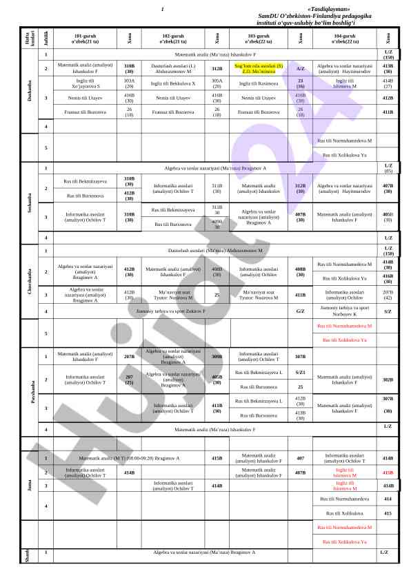 O’zbek tili va matematik analiz dars jadvali
