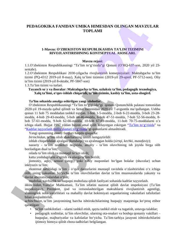 O‘zbekiston respublikasi ta’lim tizimi rivojlanishi