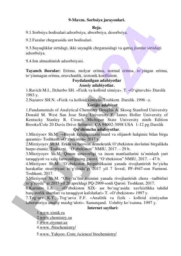 Sorbsiya jarayonlari va sirt hodisalari tahlili