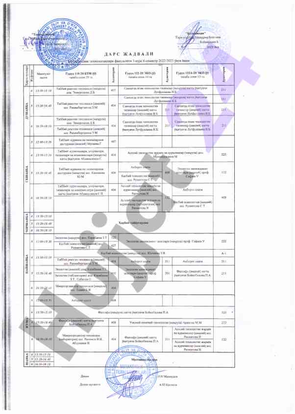 Shik texnologiyalari fakulteti dars jadvali 2023