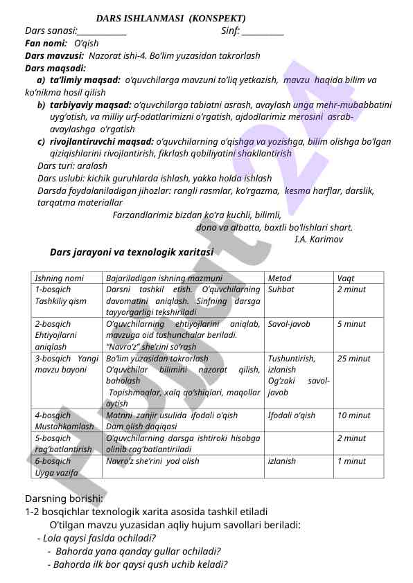 Nazorat ishi-4 mavzusi bo’yicha dars ishlanmasi