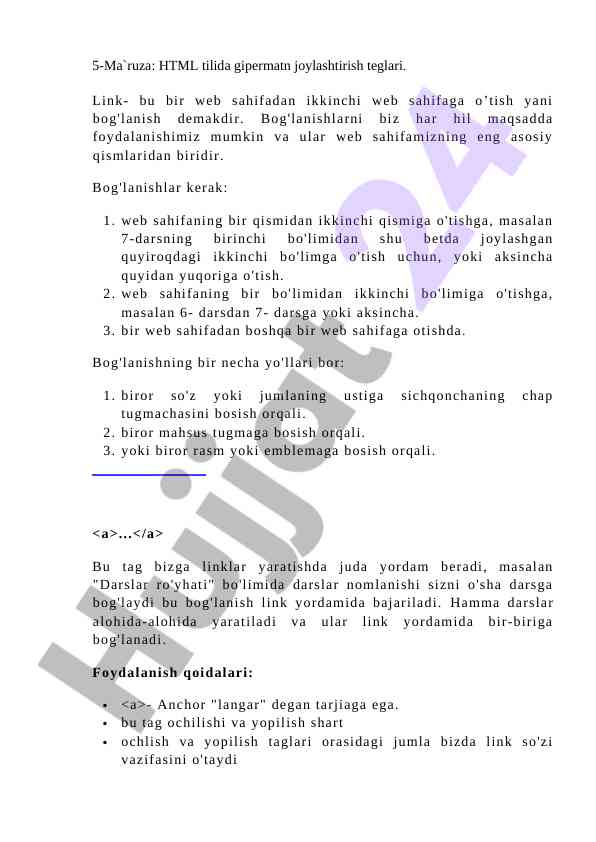 Html tilida gipermatn joylashtirish teglari