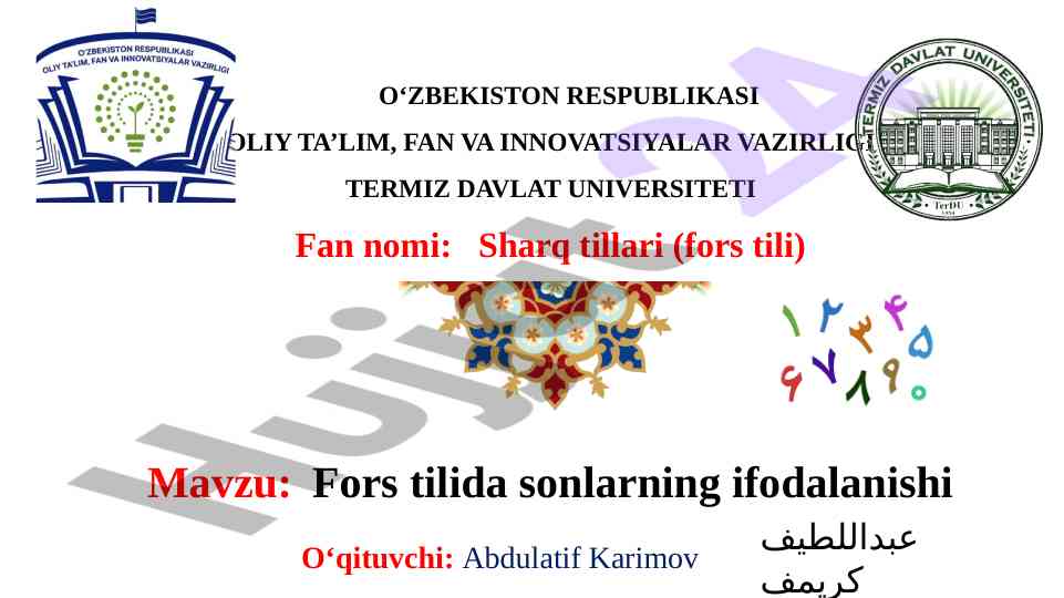 Fors tilida sonlarning ifodalanishi o‘qitish rejasi