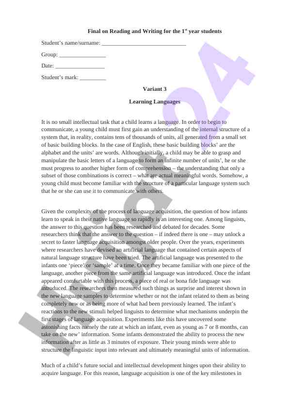 Final assignment on reading and writing skills development