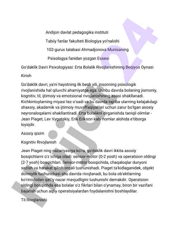 Go'daklik davri psixologiyasi va rivojlanish