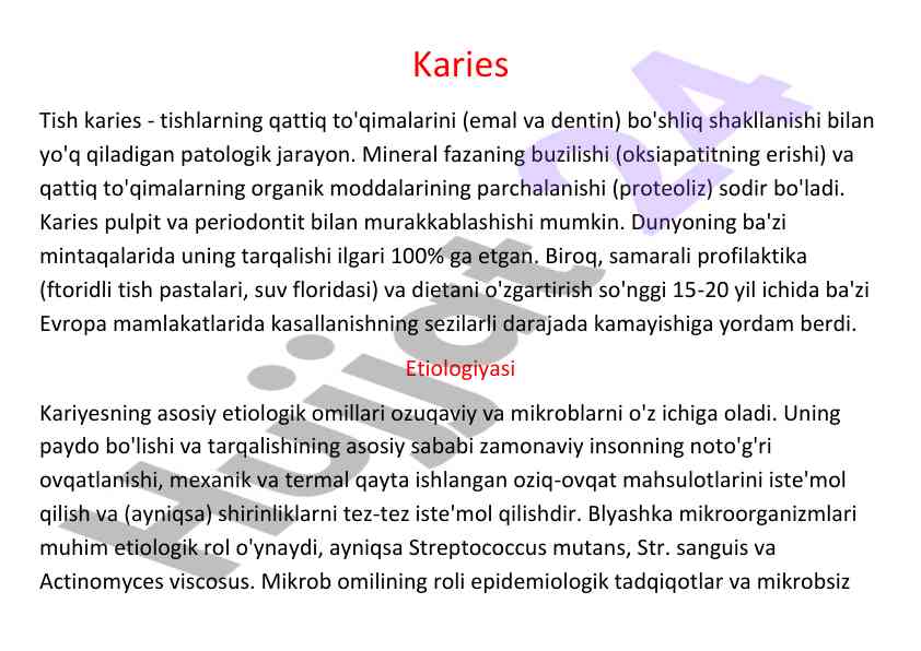 Karies tish va uning etiologiyasi tahlili