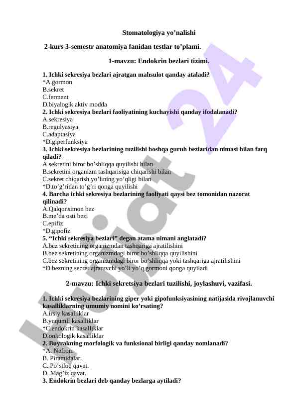 Stomatologiya yo’nalishi 2-kurs 3-semestra testlar