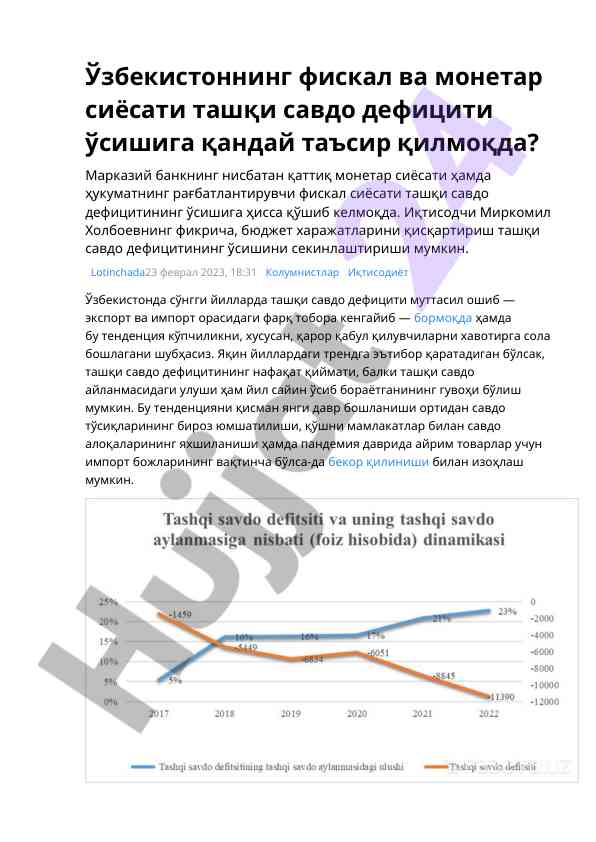 Ўзбекистоннинг фискал ва монетар сиёсати таъсири