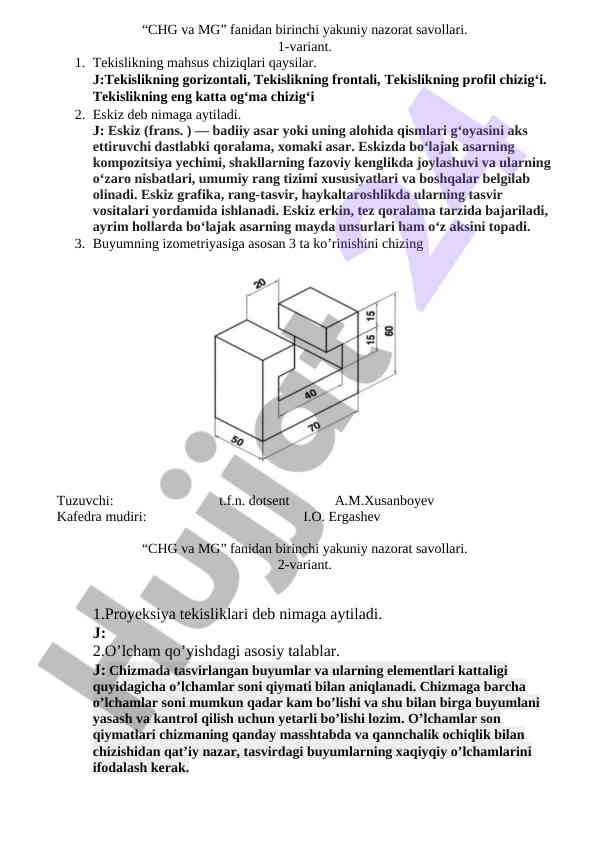 Chg va mg fani bo'yicha nazorat savollari