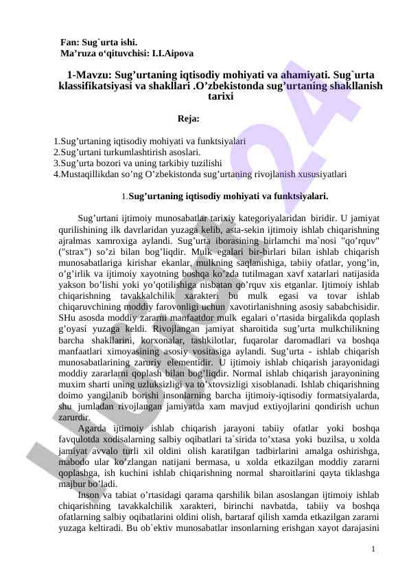 Sug‘urtaning iqtisodiy mohiyati va ahamiyati