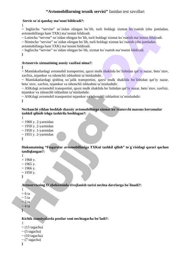 Avtomobillarning texnik servisi test savollari