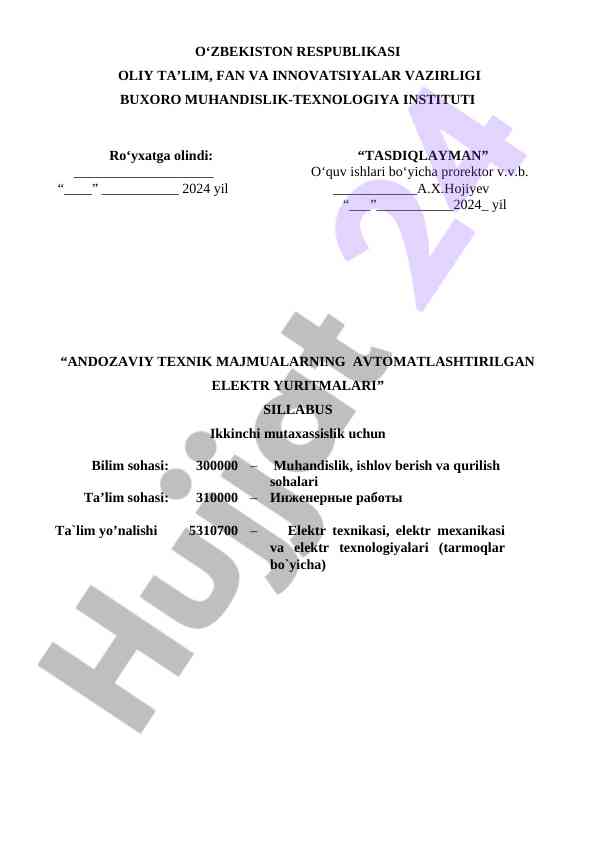 Andozaviy texnik majmualarning elektr yuritmalari sillabusi