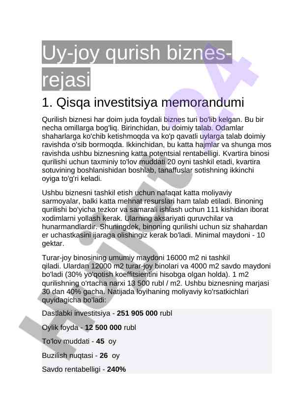 Qurilish biznesi ucun investitsiya memorandumi