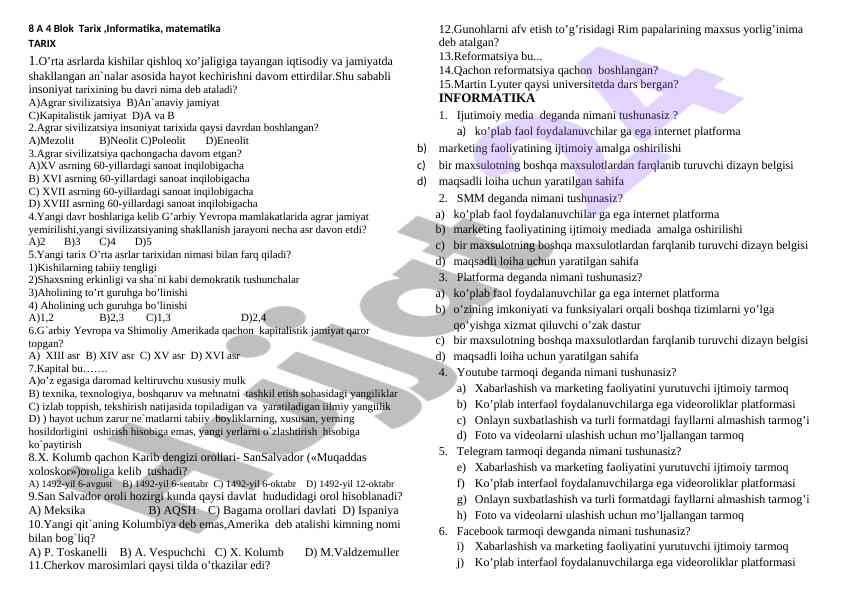 O’rta asrlar tarixi bo'yicha test savollari