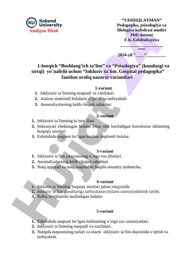 Inkluziv ta'lim fanidan oraliq nazorat variantlari