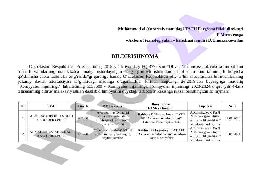 2023-2024 o‘quv yili bitiruv malakaviy ishlari