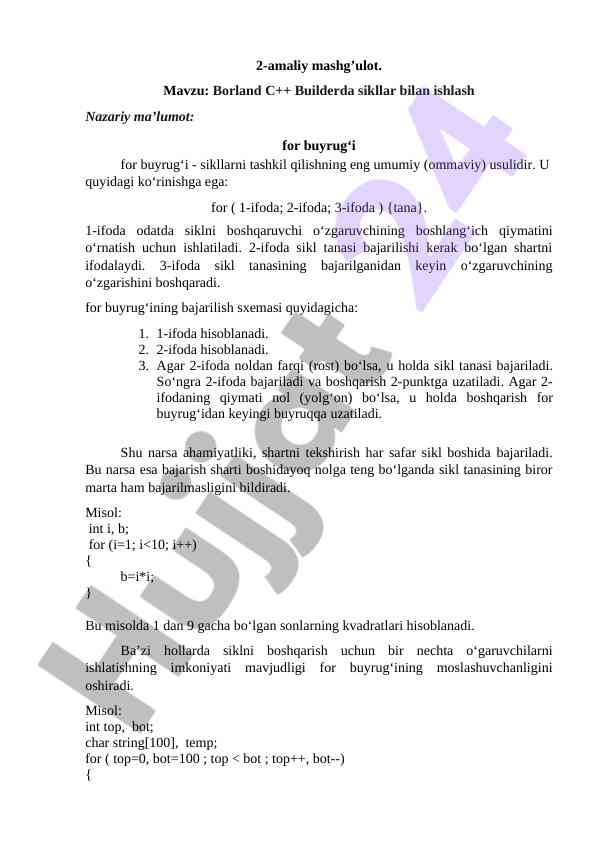 Borland c++ builderda sikllar bilan ishlash