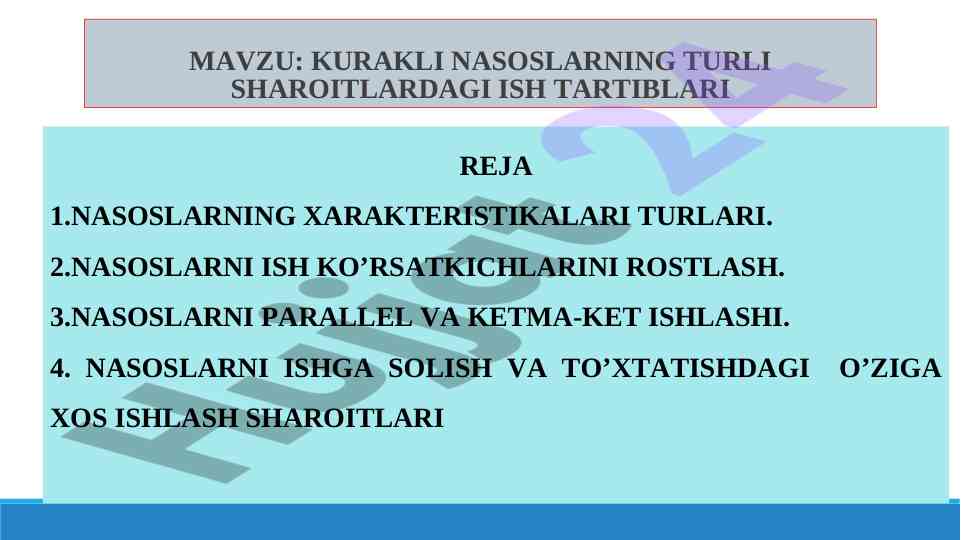 Kurakli nasoslarning ish tartiblari va xususiyatlari