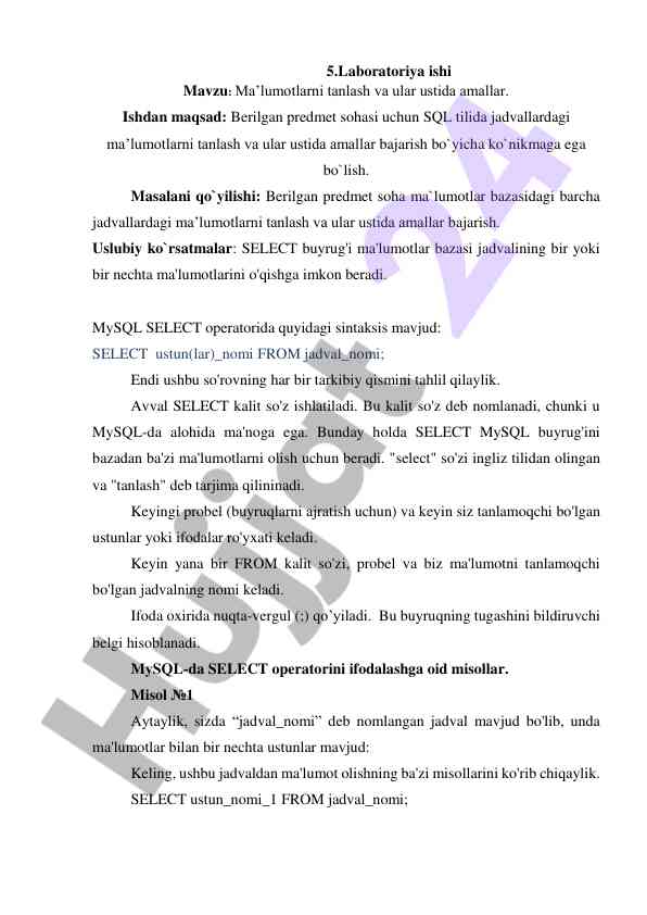 Ma'lumotlarni tanlash va amallar bajarish bo'yicha laboratoriya
