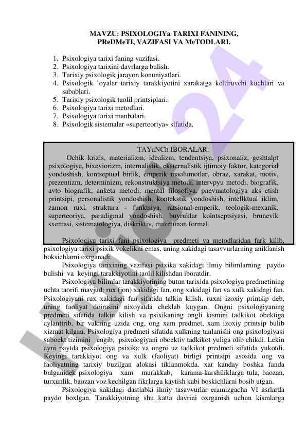 Psixologiya tarixi fanining vazifalari va metodlari