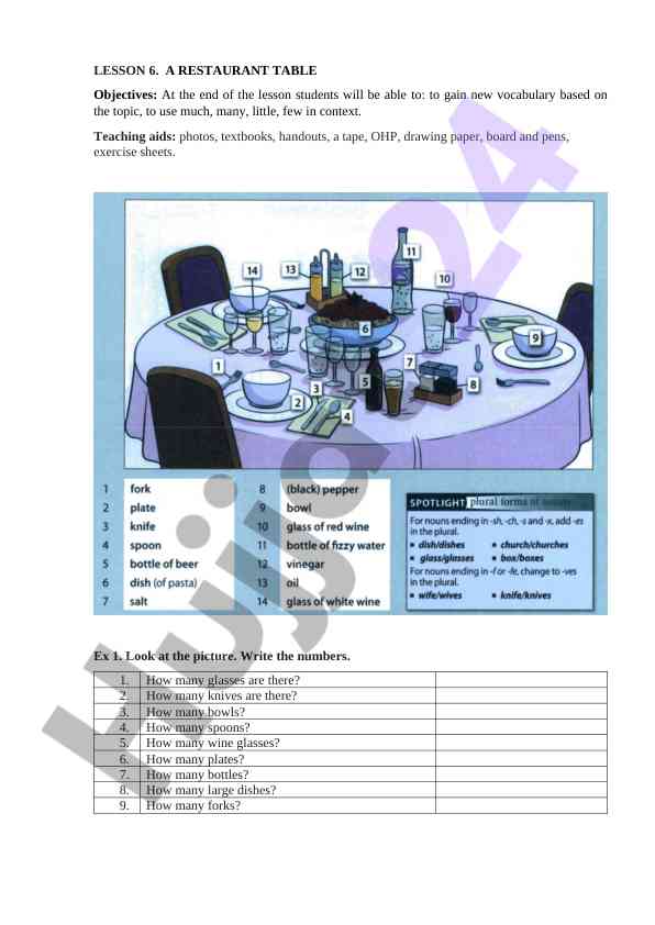 Lesson 6 a restaurant table vocabulary exercises