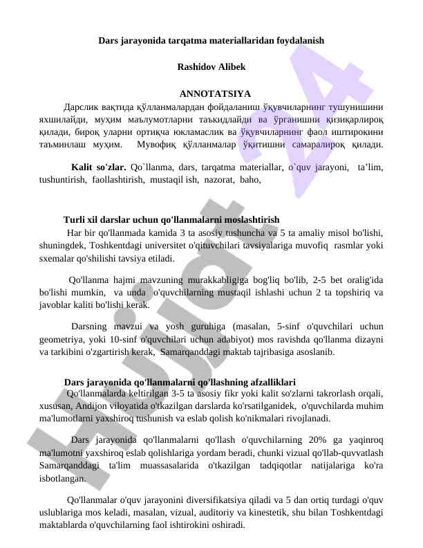 Dars jarayonida tarqatma materiallaridan foydalanish