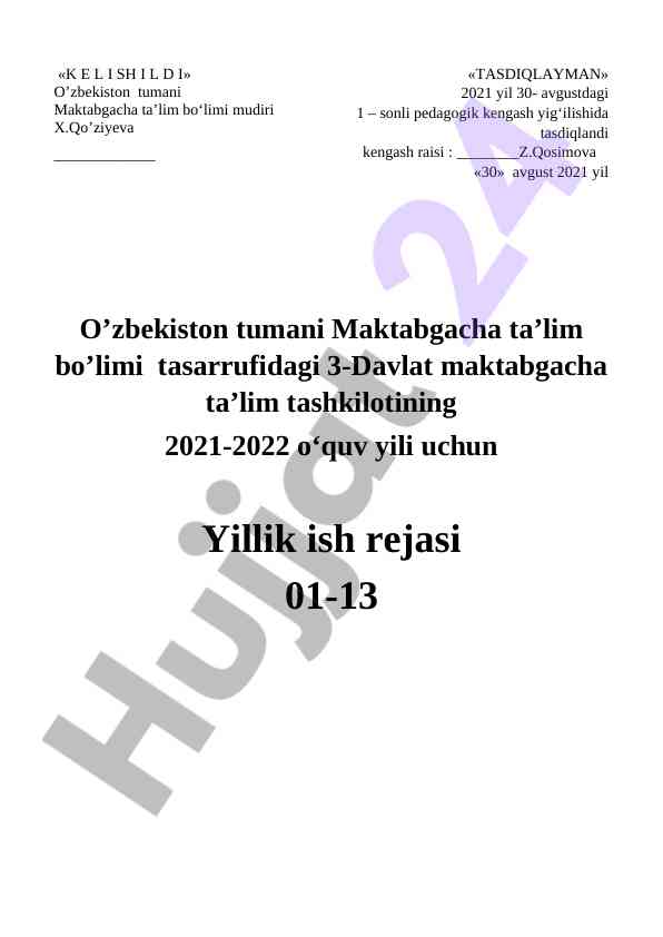 Maktabgacha ta'lim tashkilotining yillik ish rejasi