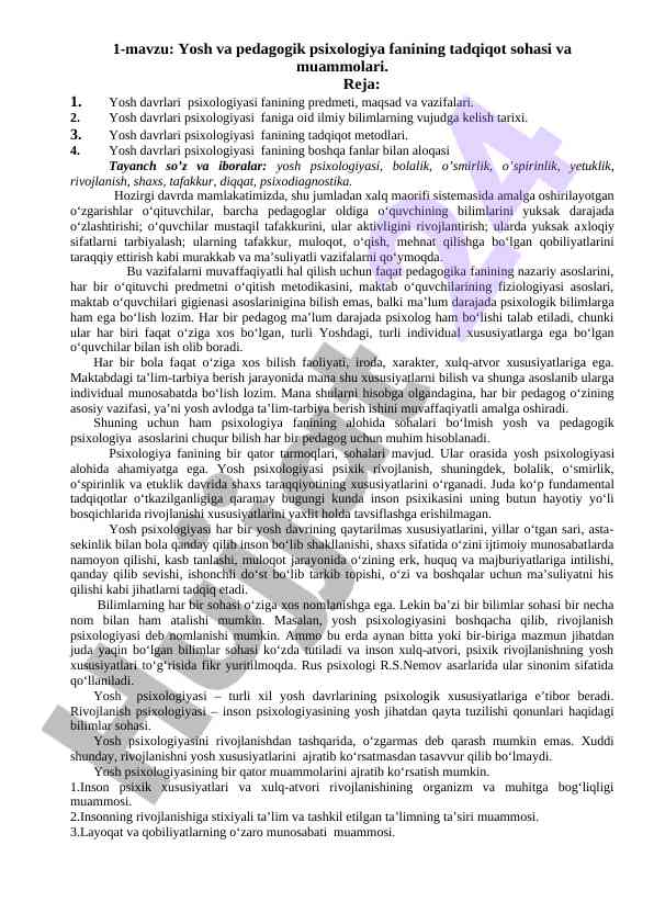 Yosh va pedagogik psixologiya fanining muammolari