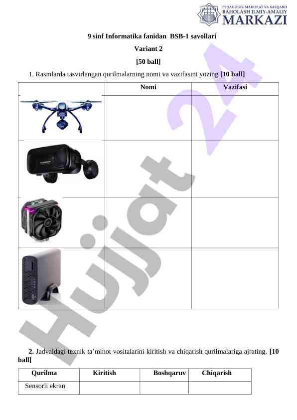 9 sinf informatika fanidan bsb-1 savollari variant 2