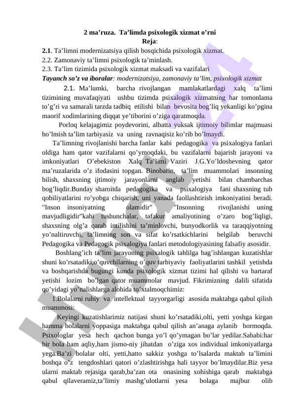 Ta’limda psixologik xizmatning o’rni