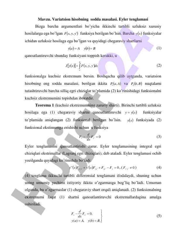 Variatsion hisobning sodda masalasi eyler tenglamasi