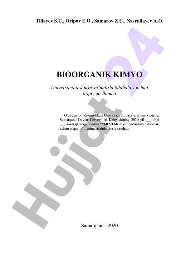 Bioorganik kimyo o‘quv qo‘llanma talabalar uchun