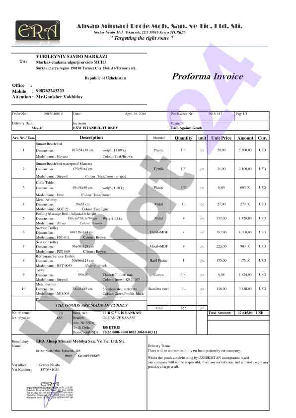 Proforma invoice for trade center transactions