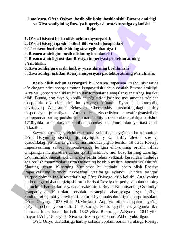 O’rta osiyo bosib olishi tarixi ma’ruzasi