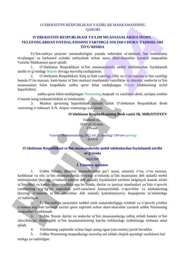 Mobil telefonlardan foydalanish tartibi bo'yicha qaror
