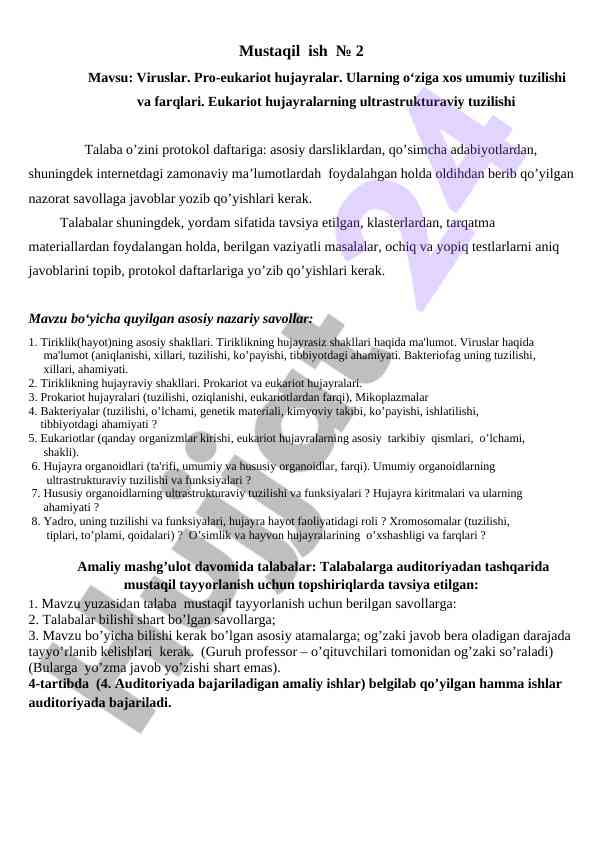 Viruslar va pro-eukariot hujayralar tuzilishi