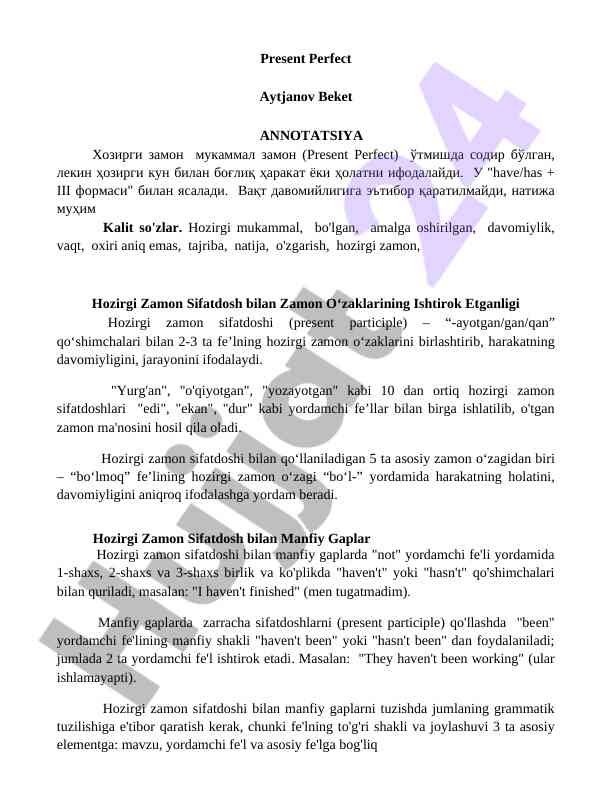 Present perfect tense uso'lari va izohlar