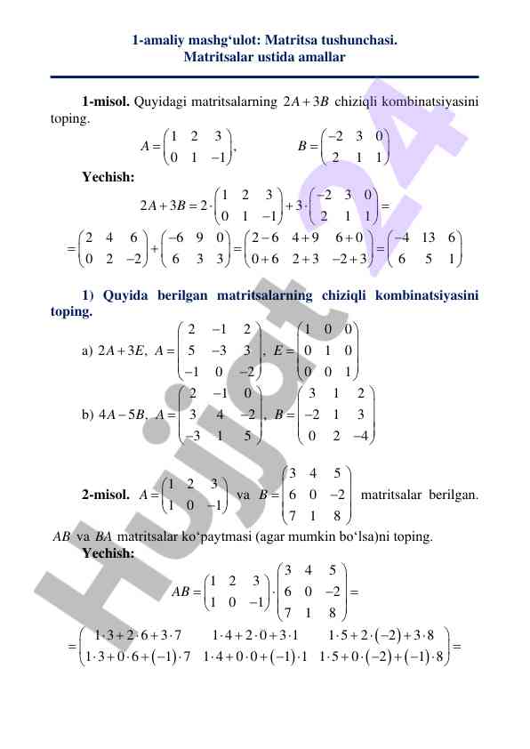 Matritsa tushunchasi va chiziqli kombinatsiyalar