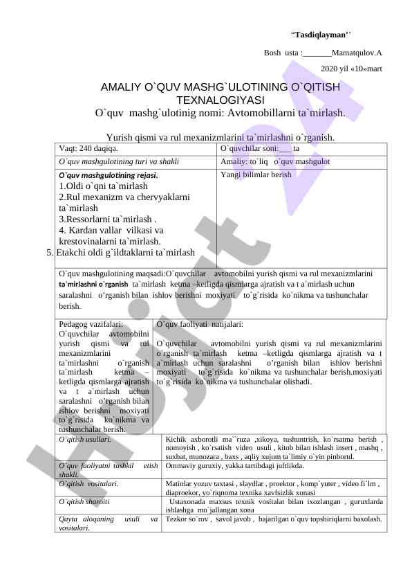Avtomobillarni ta'mirlash mavzusi bo'yicha dars rejasi